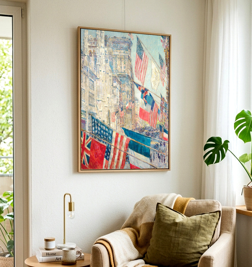 Patriotic Flags Cityscape Matte Canvas Print — "Allies Day, May" Stretched 1.25"  for home wall decor