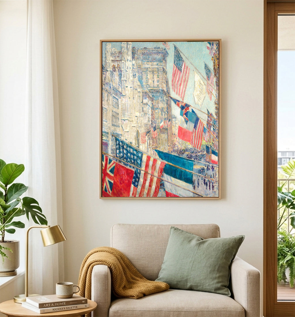 Patriotic Flags Cityscape Matte Canvas Print — "Allies Day, May" Stretched 1.25"  for home wall decor