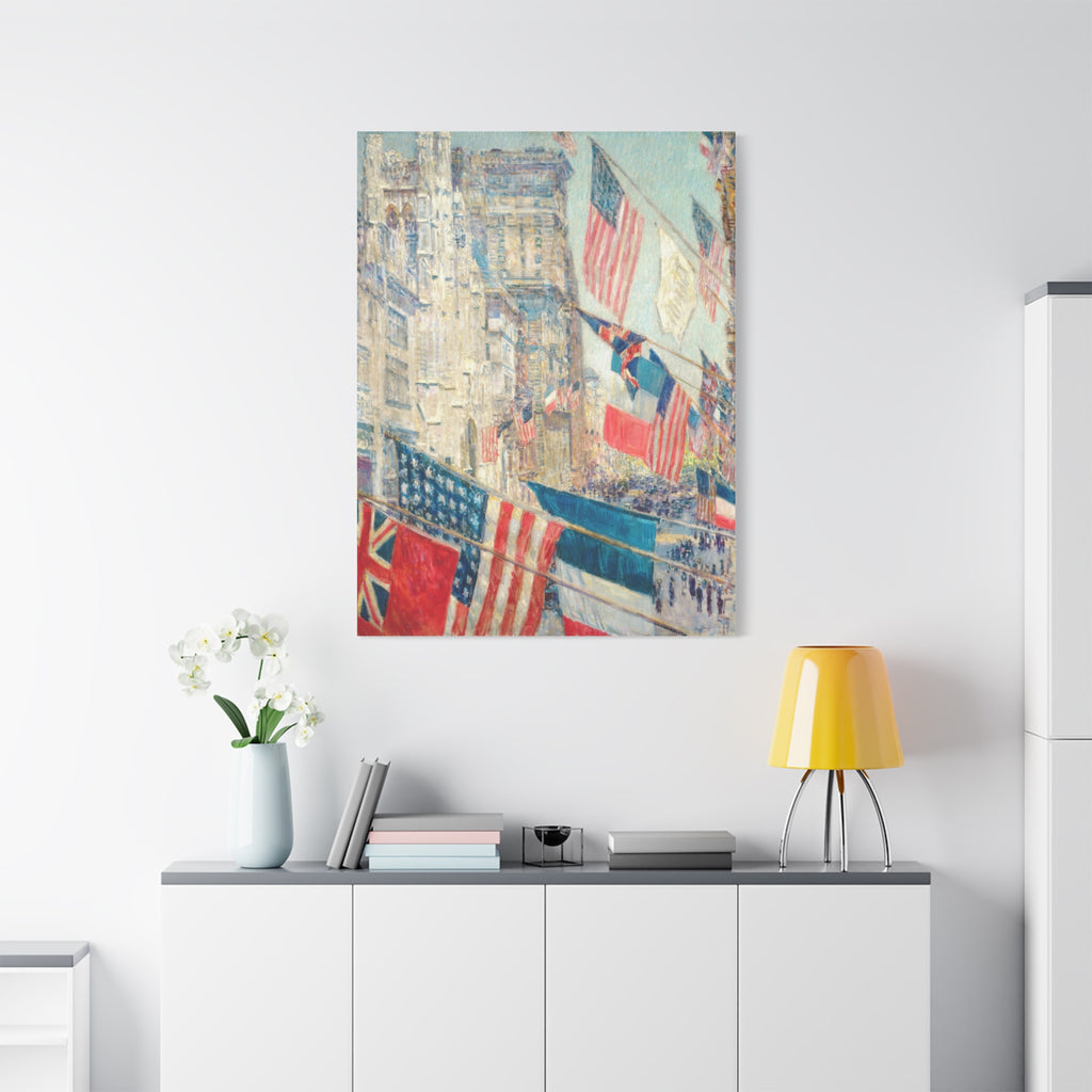 Patriotic Flags Cityscape Matte Canvas Print — "Allies Day, May" Stretched 1.25"  for home wall decor