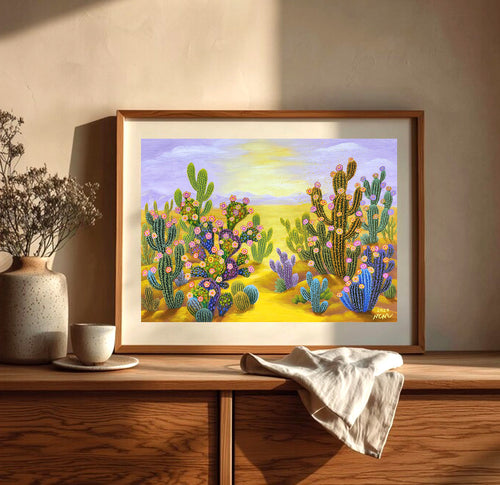 Cactus avec fleurs - Peinture artistique acrylique sur toile 80x110cm