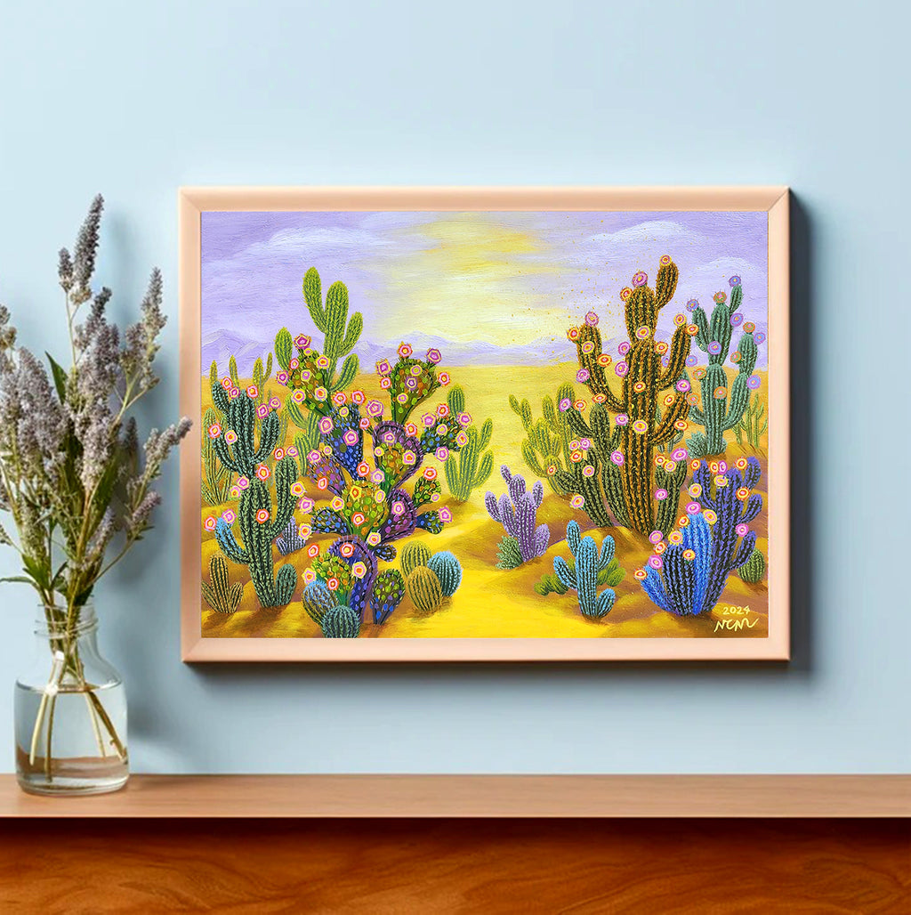 Cactus avec fleurs - Peinture artistique acrylique sur toile 80x110cm