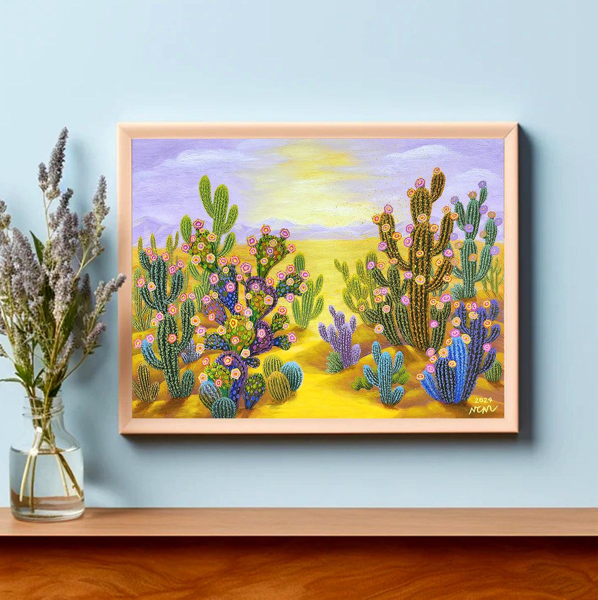 Cactus avec fleurs - Peinture artistique acrylique sur toile 80x110cm