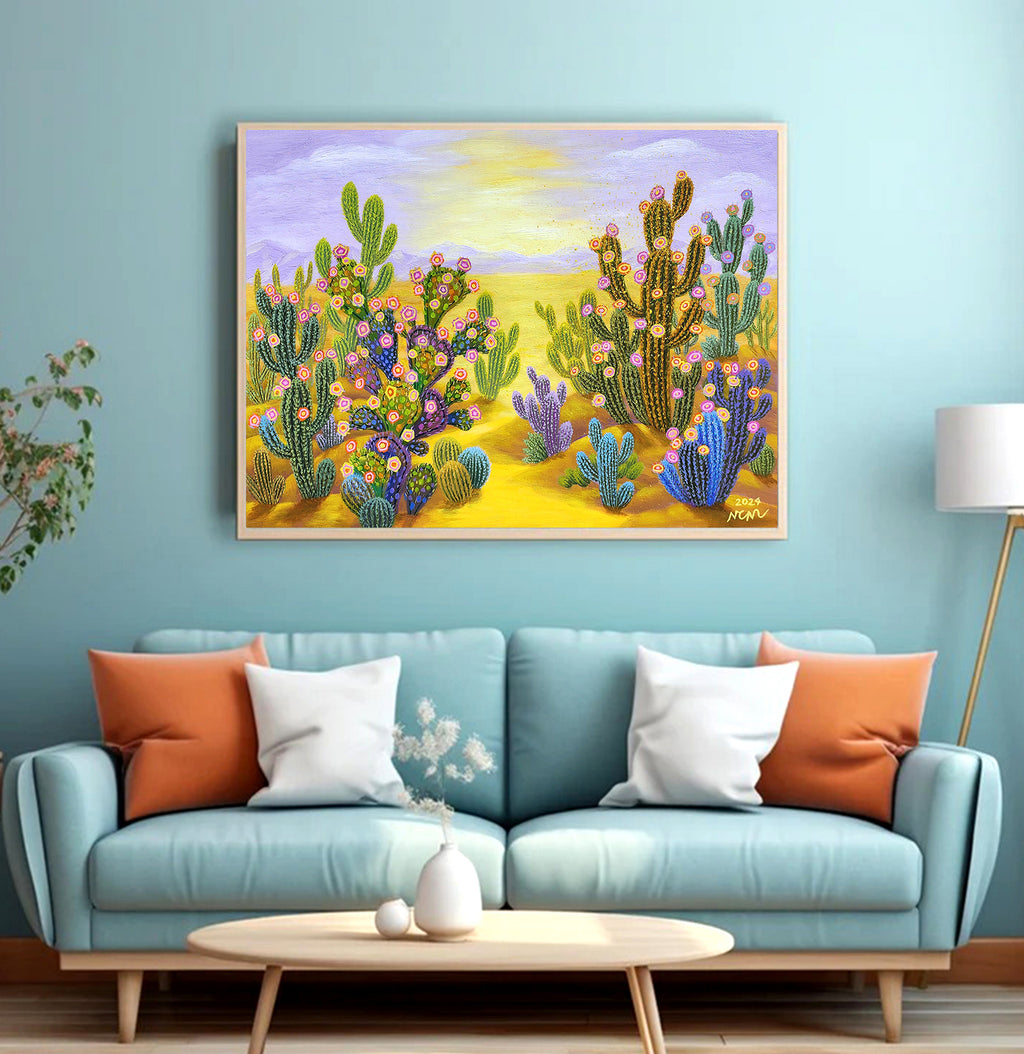 Cactus avec fleurs - Peinture artistique acrylique sur toile 80x110cm