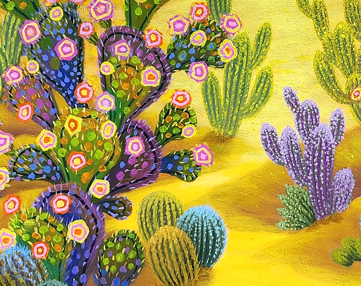 Cactus avec fleurs - Peinture artistique acrylique sur toile 80x110cm